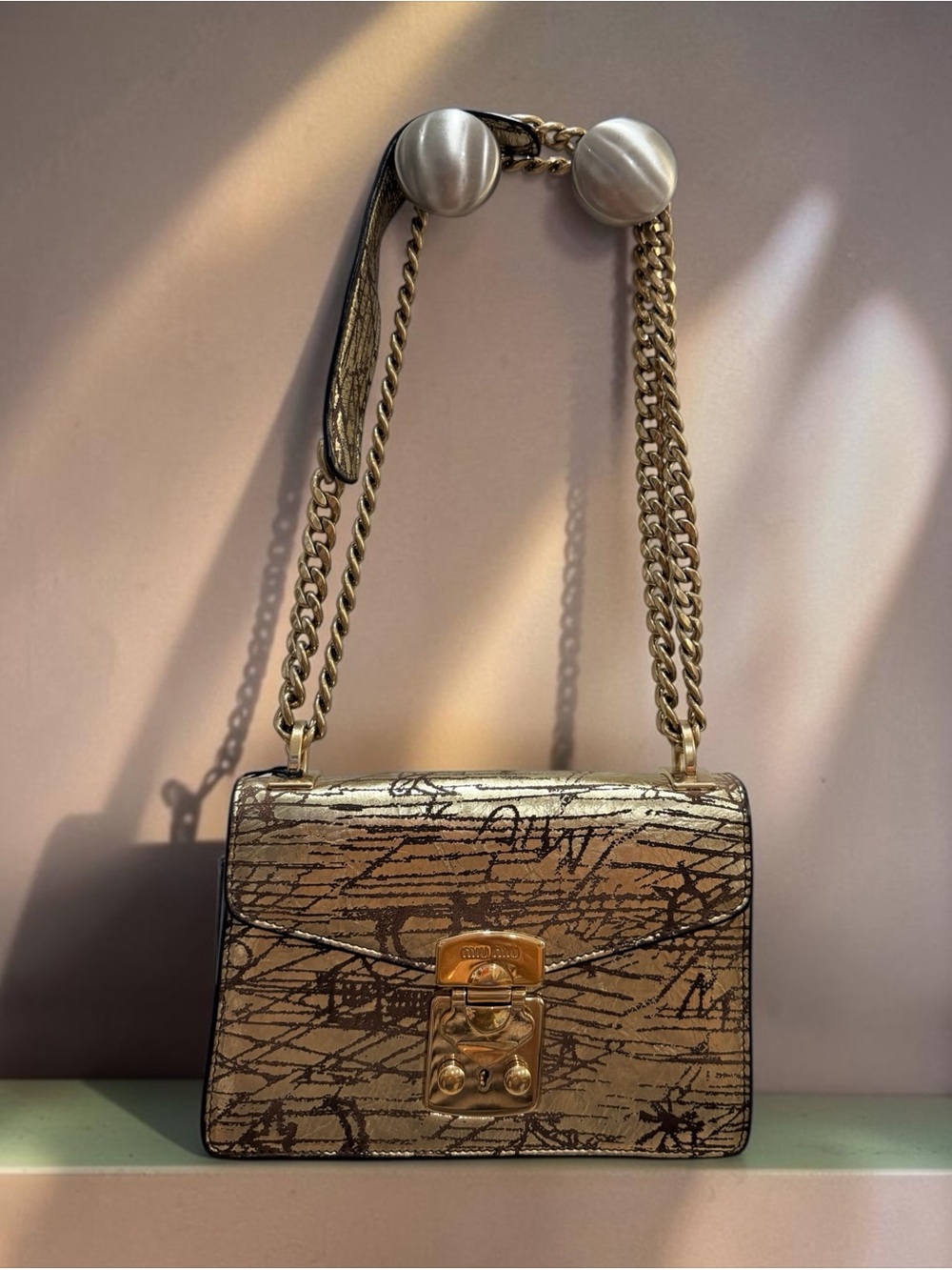 Miu Miu Confidential Metallic Gold Graphic Leather Chain Shoulder Bag Auth